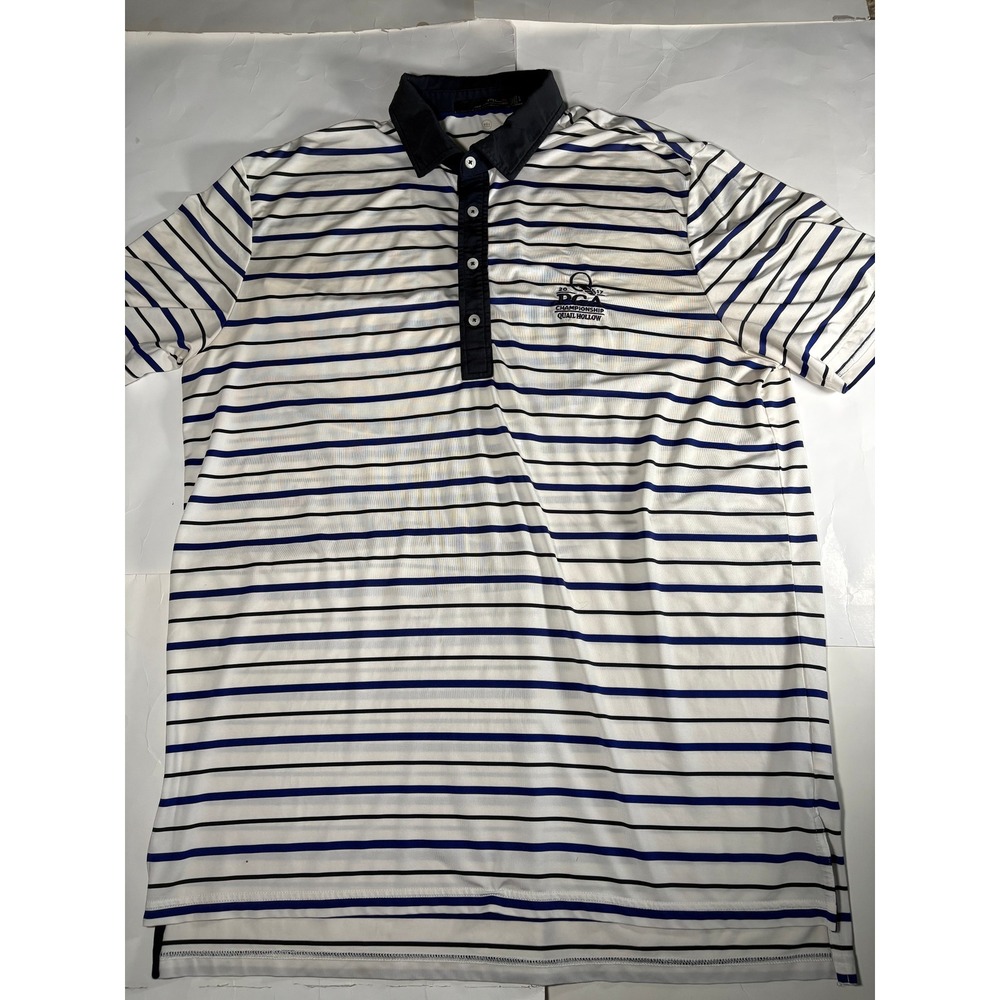 Ralph Lauren RLX Golf Polo Shirt Mens Large White Blue Striped Stretch PGA 2017